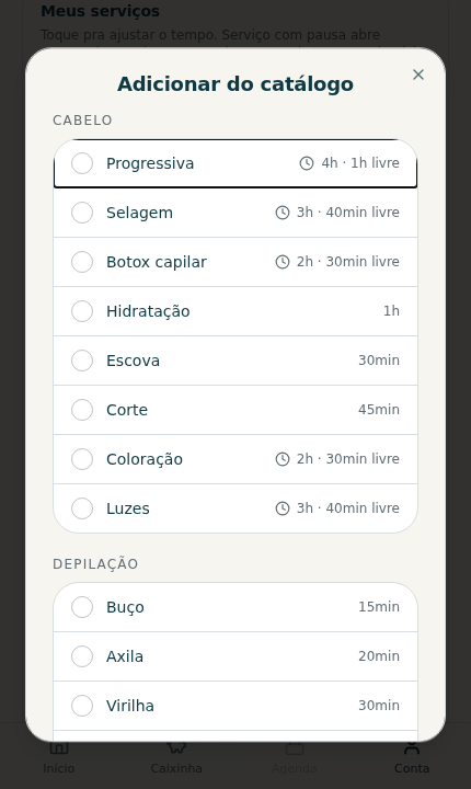 Diálogo de adicionar do catálogo, mostrando apenas categorias ainda não cadastradas