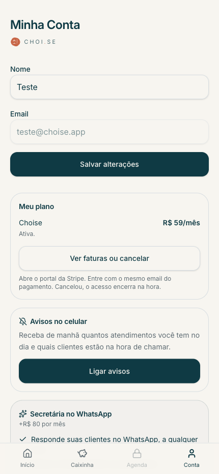 Tela Minha Conta com plano, avisos no celular e a secretária no WhatsApp