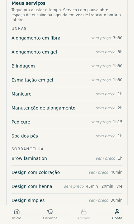 Lista de serviços agrupada por Unhas, Sobrancelha e Cílios