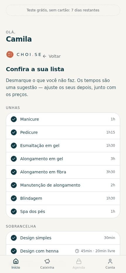 Segunda tela do primeiro acesso, com a lista de serviços de cílios já marcada e o botão Criar 7 serviços